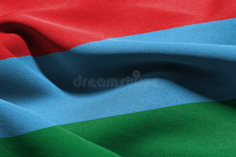 3D Illustrationsflagge von Karelien ist eine Region von Russland. weiter. winken auf dem textilen Hintergrund der Windflagge.