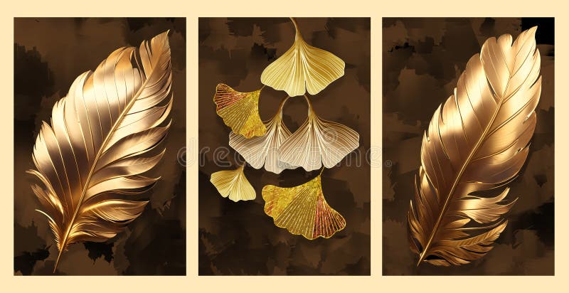 3D-Illustrationskanone zur Innendekoration. goldene Blätter und Ginkgo-Biloba auf braunem Hintergrund vektor abbildung