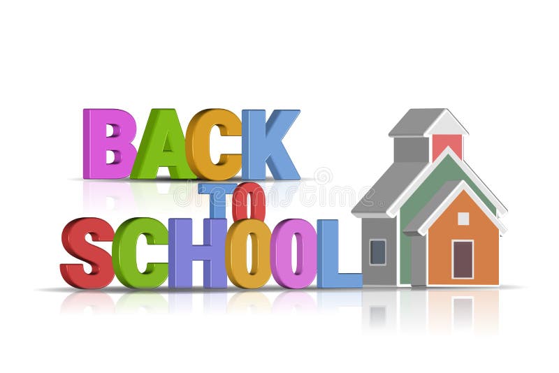 3D illustration of colorful back to school text with toy school replica  on white background. 3D illustration of colorful back to school text with toy school replica  on white background