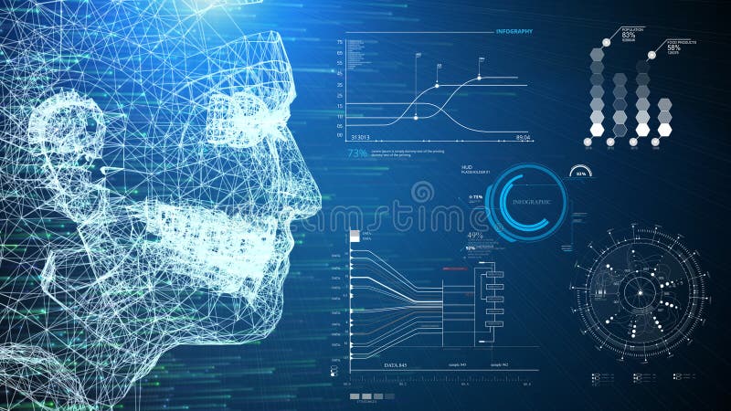3d illustrazione wireframe del sistema AIA umano e informazioni infografiche interfaccia hud dello scanner su sfondo blu. vr di af illustrazione vettoriale