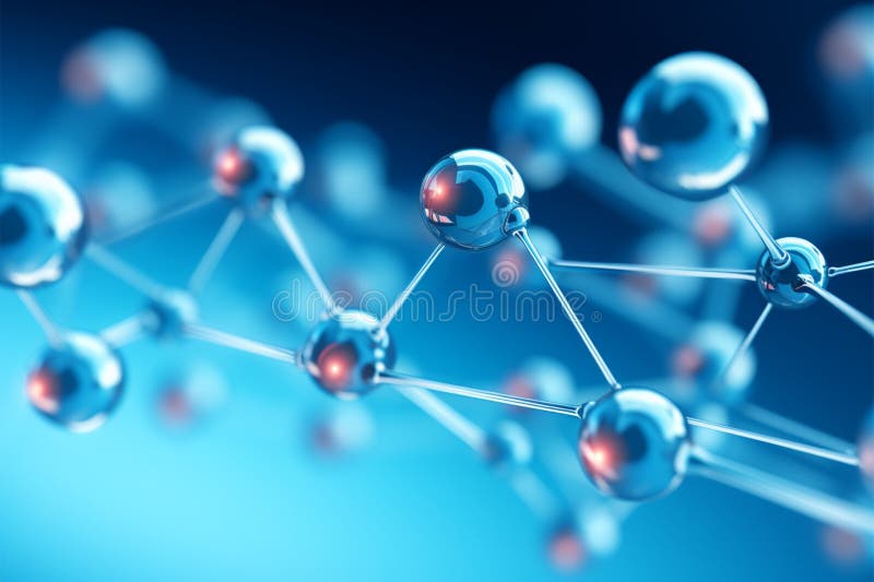 In 3D illustrierte zusammenhängende Sphären, auf einer beruhigenden blauen Kulisse stock abbildung