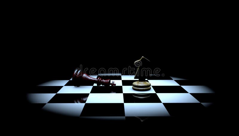 Bispo dando xeque-mate ao rei. jogo de xadrez. vencer. ilustração 3d.  bandeira.