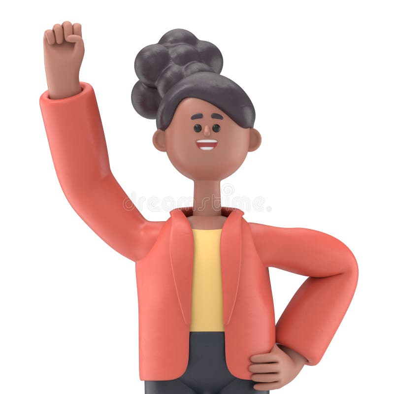 3D ilustracja afrykańskiej amerykańskiej kobiety Coco robi zwycięzcy zaciśnięty gest pięści. Mocna przezroczysta kopia tła. ilustracja wektor