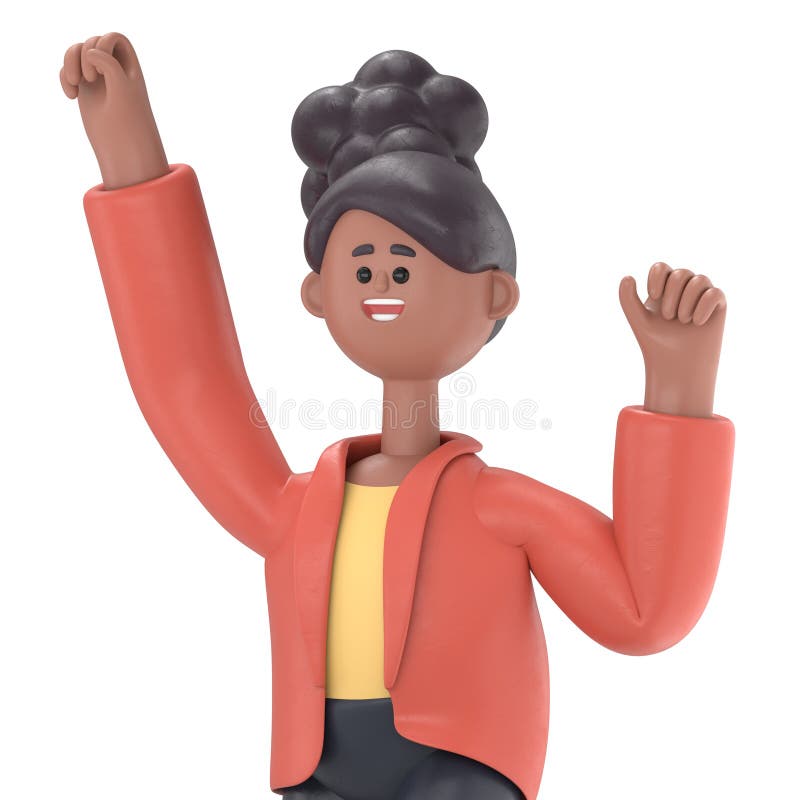 Ilustracja 3D Afroamerykanki Coco wykonującej zwycięski gest z zaciśniętą pięścią. Mocny, przezroczysty model tła. ilustracja wektor