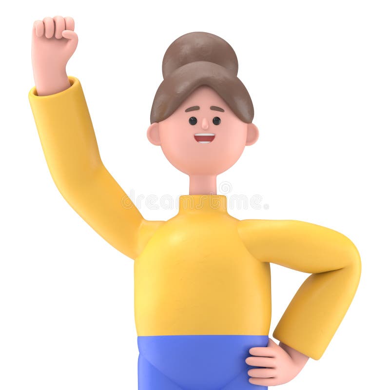 3D ilustracja azjatyckiej kobiety Angela robiącej zwycięzcę zacięty gest pięści. Mocna przezroczysta kopia tła. ilustracji