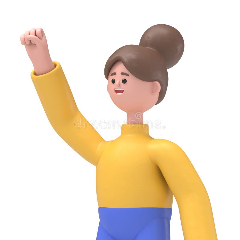 3D ilustracja azjatyckiej kobiety Angela robiącej zwycięzcę zaciśnięte pięści gestureSilne przezroczyste tło Mockup. ilustracji