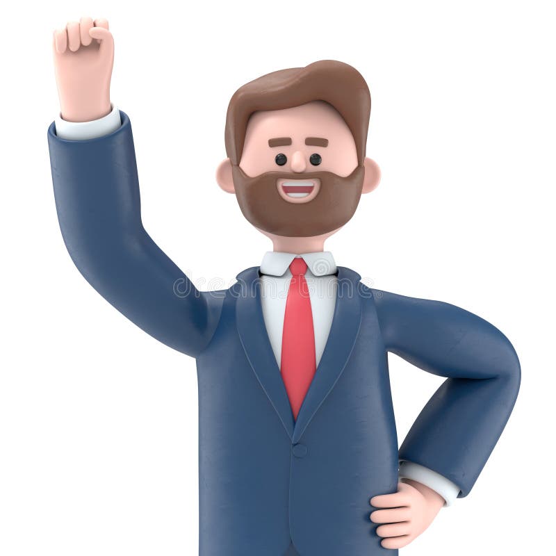 3D ilustracja brodatego amerykańskiego biznesmena Boba robiącego zwycięzcę zacięty gest pięści. Mocna przezroczysta kopia tła. royalty ilustracja