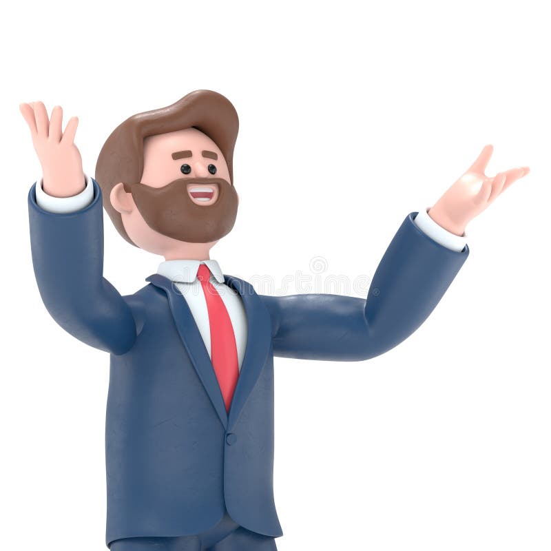 Ilustracja 3D brodatego amerykańskiego biznesmena Boba, wykonującego zwycięski gest z zaciśniętą pięścią. Mocny, transparentny sza royalty ilustracja