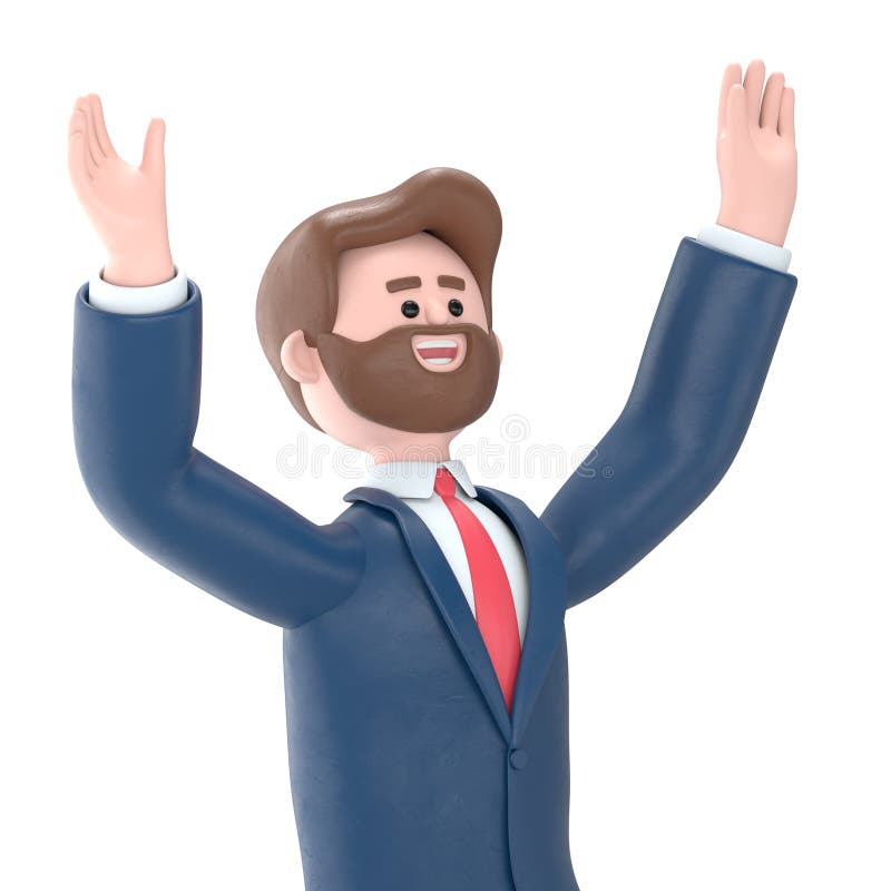 Ilustracja 3D brodatego amerykańskiego biznesmena Boba wykonującego gest zwycięzcy, z zaciśniętą pięścią. Mocny, przezroczysty mak royalty ilustracja