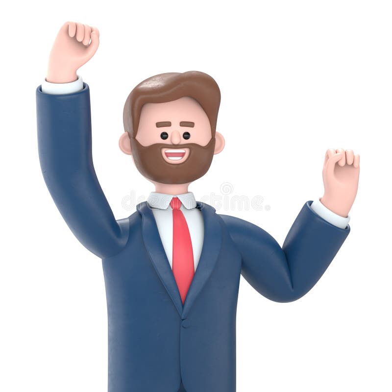 Ilustracja 3D brodatego amerykańskiego biznesmena Boba wykonującego gest zwycięzcy, z zaciśniętą pięścią. Mocny, przezroczysty moc ilustracji