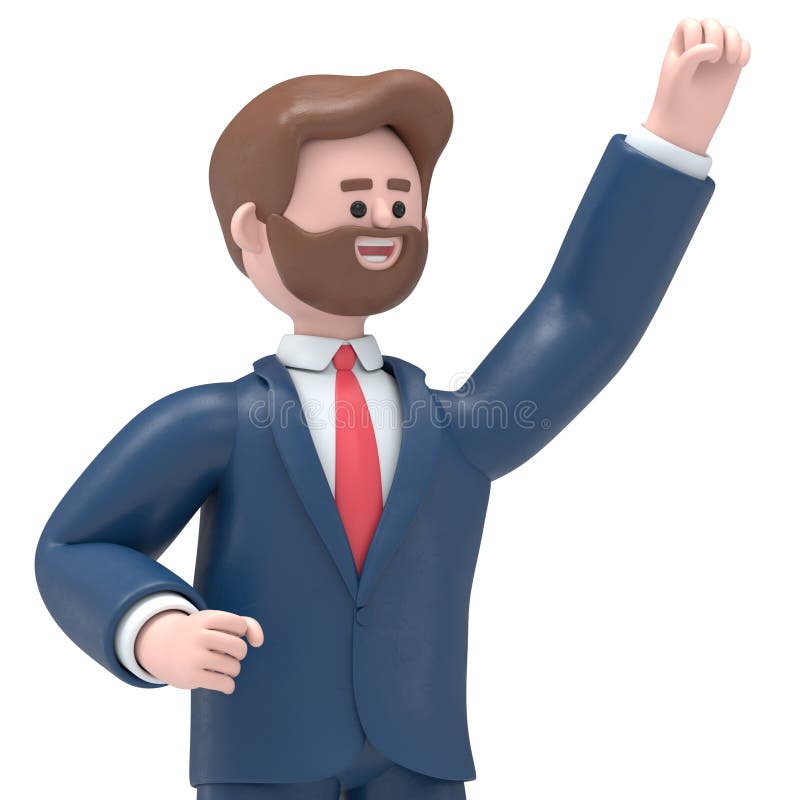 3D ilustracja brodatego amerykańskiego biznesmena Boba robiącego zwycięzcę zaciśnięty gest pięściSilne przezroczyste tło Mockup. ilustracji
