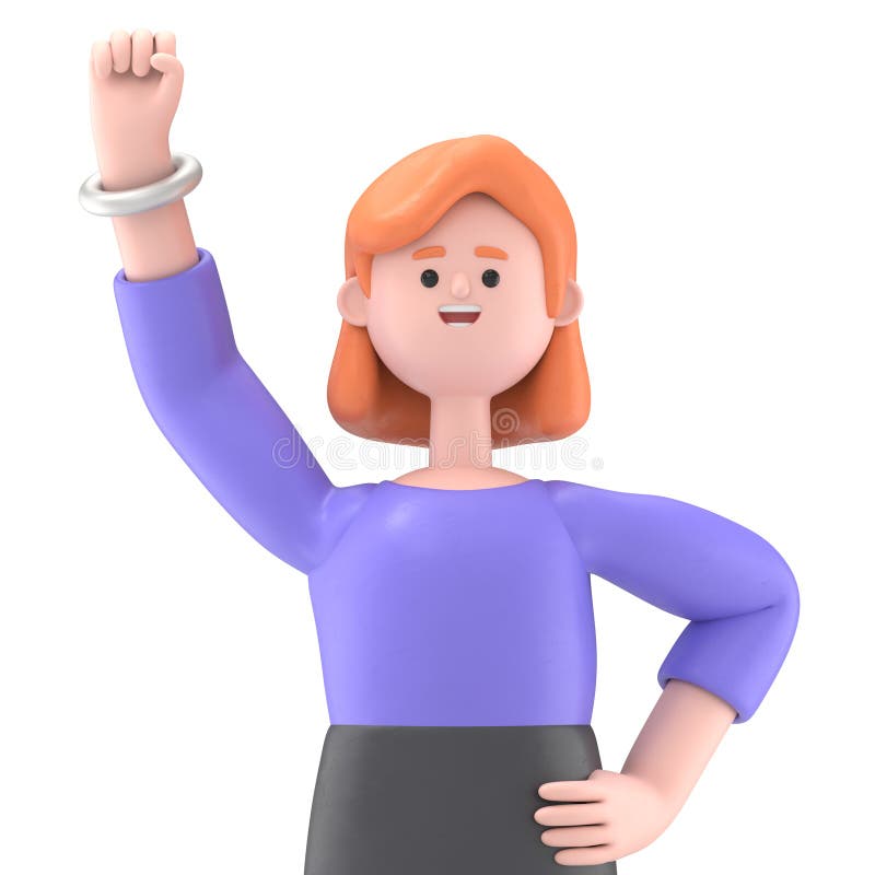 3D ilustracja europejskiej biznesmenki Ellen, która zdobyła zwycięstwo, zaciśnęła pięść gestu. Mocna przezroczysta kopia tła. royalty ilustracja