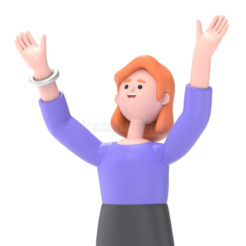 Ilustracja 3D europejskiej bizneswoman Ellen wykonującej gest zwycięstwa z zaciśniętą pięścią. Mocny, przezroczysty makieta tła. royalty ilustracja