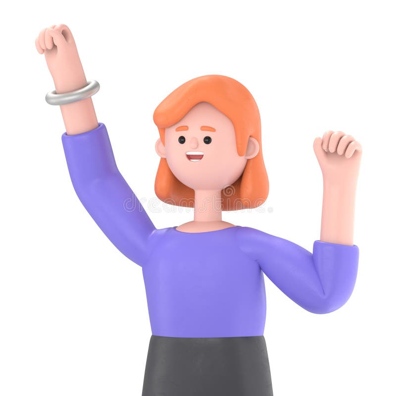 Ilustracja 3D europejskiej bizneswoman Ellen wykonującej zwycięski gest, zaciskając pięść. Mocny, przezroczysty makieta tła. ilustracji
