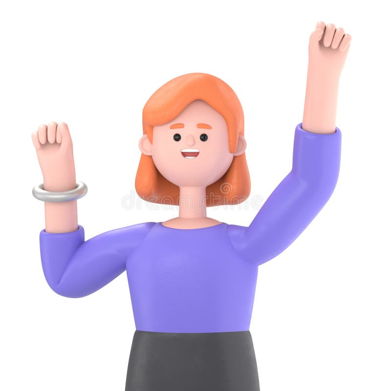 Ilustracja 3D europejskiej bizneswoman Ellen wykonującej gest zwycięzcy, z zaciśniętą pięścią. Mocny, przezroczysty makieta tła. ilustracji