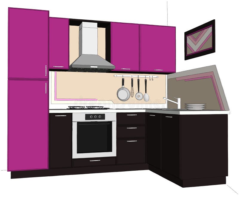 3D ilustracja jaskrawy bez i brąz narożnikowa kuchnia z budujący w fridge odizolowywającym ilustracja wektor 3D ilustracja jaskrawy bez i brąz narożnikowa kuchnia z budujący w fridge odizolowywającym ilustracja wektor