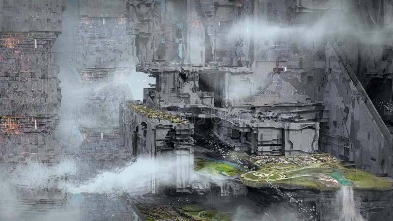 3d ilustracja planety science fiction z masywnymi budynkami i ekologicznymi zielonymi tarasami na niebie cyfrowe fantazje ilustracji