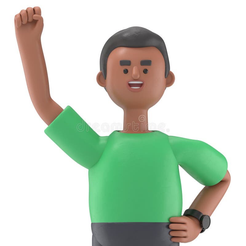 3D ilustracja przystojnego afro człowieka David, który wygrał, zaciśnięty gest pięści. Mocna przezroczysta kopia tła. ilustracji