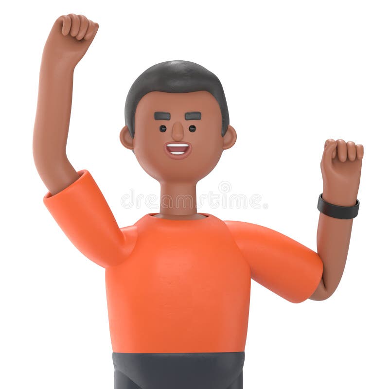 Ilustracja 3D przystojnego mężczyzny, Davida, wykonującego gest zwycięzcy, z zaciśniętą pięścią. Mocny, przezroczysty makieta tła. ilustracja wektor