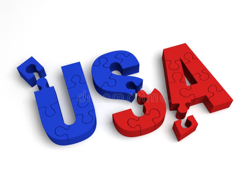 A 3D illustration of red and blue puzzle pieces partially assembled to spell, `USA`. Representing putting a divided country back together. Isolated on white. A 3D illustration of red and blue puzzle pieces partially assembled to spell, `USA`. Representing putting a divided country back together. Isolated on white