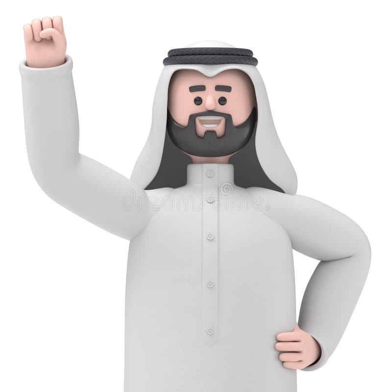 3D ilustracja uśmiechniętego arabskiego człowieka Hadiego, który wygrał zaciśnięty gest pięściTransparent Background Mockup. royalty ilustracja