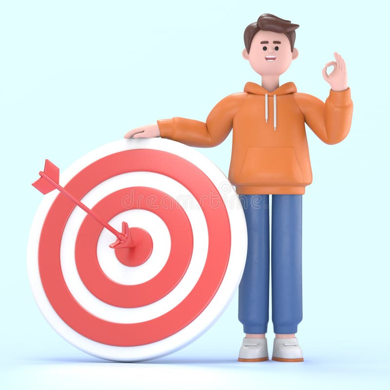 3D illustration of smiling businessman Qadir standing next to a huge target with a dart in the center, arrow in bullseye. Cute cartoon businessman with ok gesture reaching goals. Objective attainment concept. 3D illustration of smiling businessman Qadir standing next to a huge target with a dart in the center, arrow in bullseye. Cute cartoon businessman with ok gesture reaching goals. Objective attainment concept.