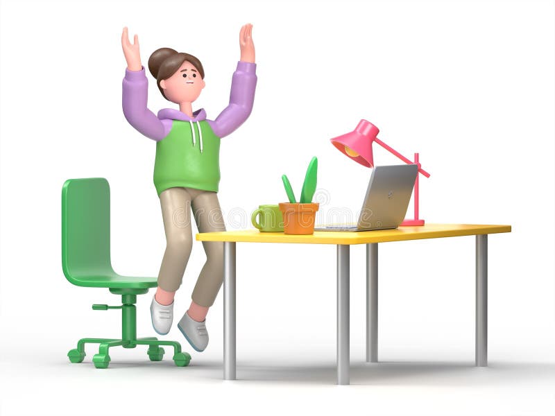 3D illustration of smiling Asian girl Renae happy in the office.successful concept. Flat cartoon character.3D rendering on white background. 3D illustration of smiling Asian girl Renae happy in the office.successful concept. Flat cartoon character.3D rendering on white background.