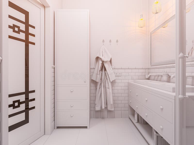 3d illustration of a design bathroom interior in classic Scandinavian style. Visualization of a bathroom without textures and materials in gray tones. 3d illustration of a design bathroom interior in classic Scandinavian style. Visualization of a bathroom without textures and materials in gray tones