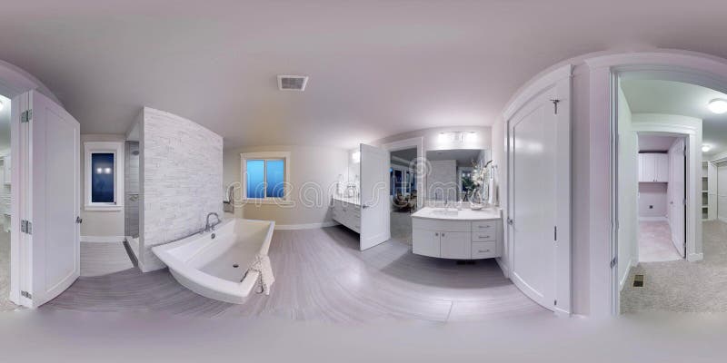 3d illustration spherical 360 degrees, seamless panorama of the bathroom interior design. Modern luxury new construction house in Bellevue, Washington state 3D rendering. 3d illustration spherical 360 degrees, seamless panorama of the bathroom interior design. Modern luxury new construction house in Bellevue, Washington state 3D rendering.