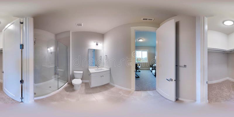 3d illustration spherical 360 degrees, seamless panorama of the bathroom interior design. Modern luxury new construction house in Bellevue, Washington state 3D rendering. 3d illustration spherical 360 degrees, seamless panorama of the bathroom interior design. Modern luxury new construction house in Bellevue, Washington state 3D rendering.