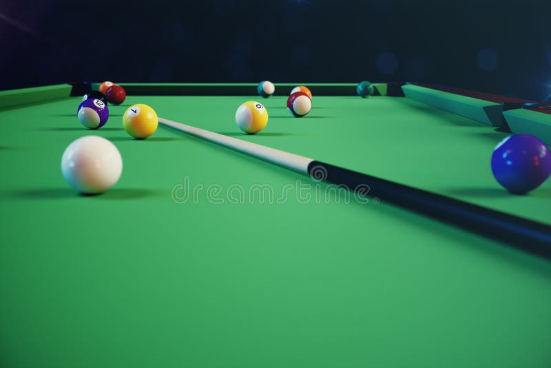3D ilustracyjny rekreacyjny sport Billiards piłki z wskazówką na zielonym billiards stole Bilardowy sporta pojęcie basen ilustracja wektor 3D ilustracyjny rekreacyjny sport Billiards piłki z wskazówką na zielonym billiards stole Bilardowy sporta pojęcie basen ilustracja wektor