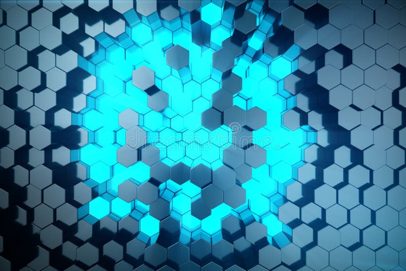 3d ilustrare albastru abstract al modelului hexagon de suprafață futuristică cu raze de lumină. fond hexagonal de nuanță albastră. stock images