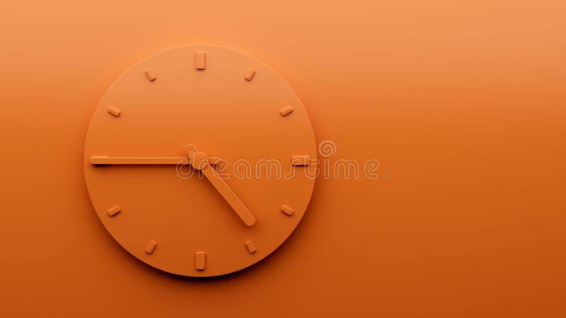 A 3D illustration of a minimalist round orange clock on an orange background. A 3D illustration of a minimalist round orange clock on an orange background