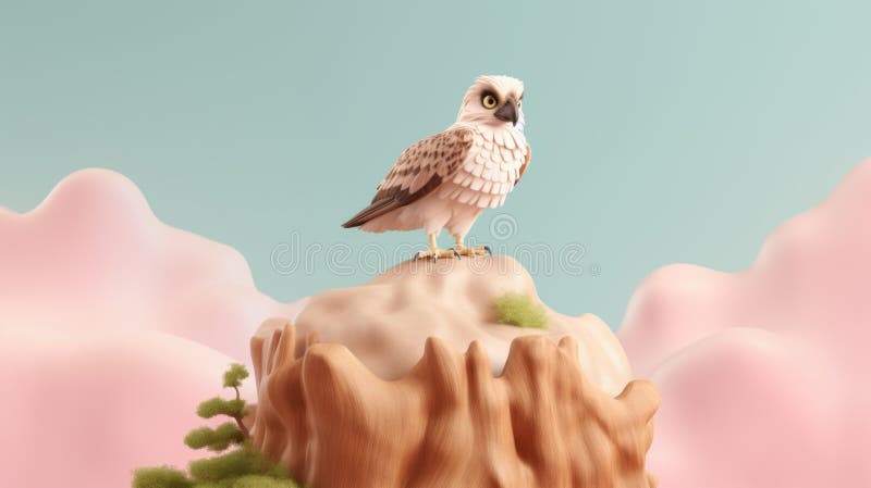 Minimalist 3d Illustration Of Hawk Perched On Rock stock illustration