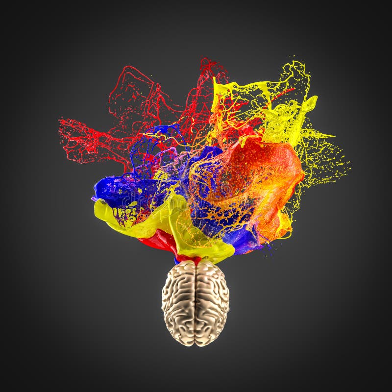 3d image of a gold colored human brain and an explosion of color stock images 3d image of a gold colored human brain and an explosion of color stock images