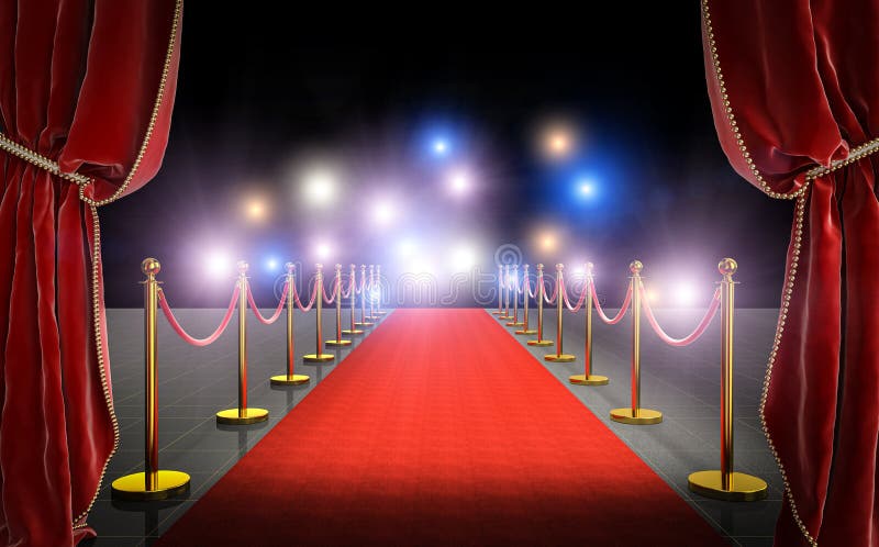 3d image render of a red carpet with velvet curtains and flash in the background