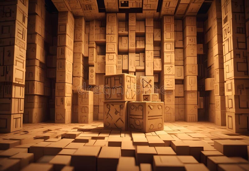 A 3D image of a room made entirely of beige blocks, with a few larger blocks in the center. The blocks are textured and vector illustration