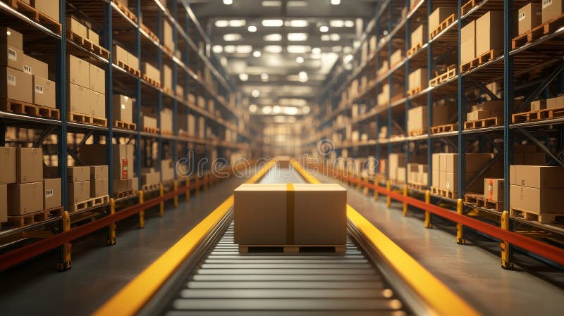 The 3D image shows a conveyor belt with boxes representing warehouse logistics with automated order processing in a royalty free stock photos