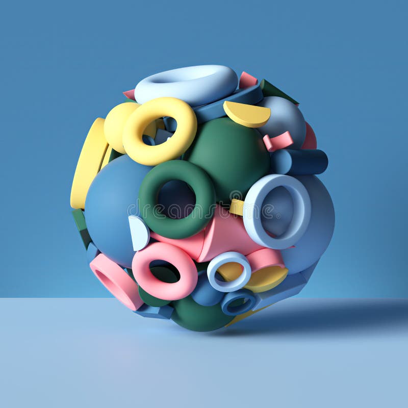 3d ball, combined of mixed colorful geometric shapes isolated on blue, abstract background, stack of toys, assorted primitives. 3d ball, combined of mixed colorful geometric shapes isolated on blue, abstract background, stack of toys, assorted primitives
