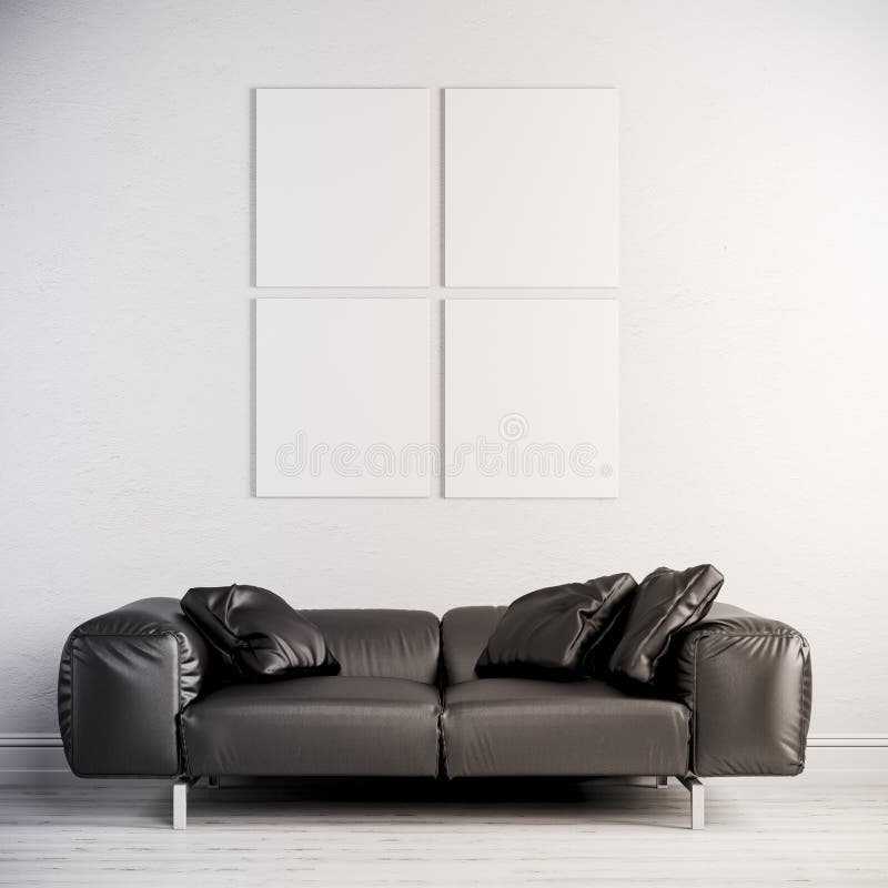 3d Interior Render with Leather Couch and Blank Frame on White Wall