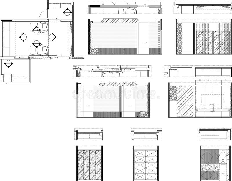 2D Interior Vector Drawing Home Theater and Coffee Counter with Furniture Layout, Plan, and Elevation stock illustration