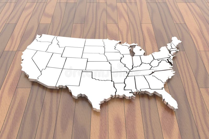 3D isolerade översikten av USA i glansig vit på det wood golvet vektor illustrationer 3D isolerade översikten av USA i glansig vit på det wood golvet vektor illustrationer