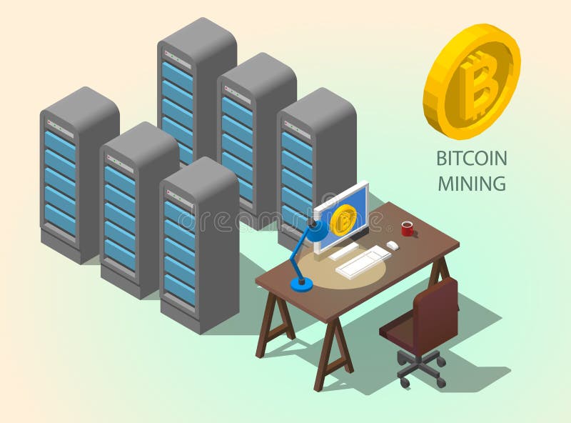 3d isometric computer online mining bitcoin concept. Golden coin Bitcoin symbol royalty free illustration