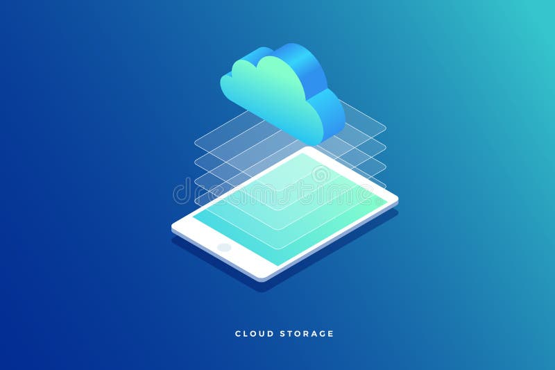 3D isometric computer tablet. Cloud storage information. stock illustration