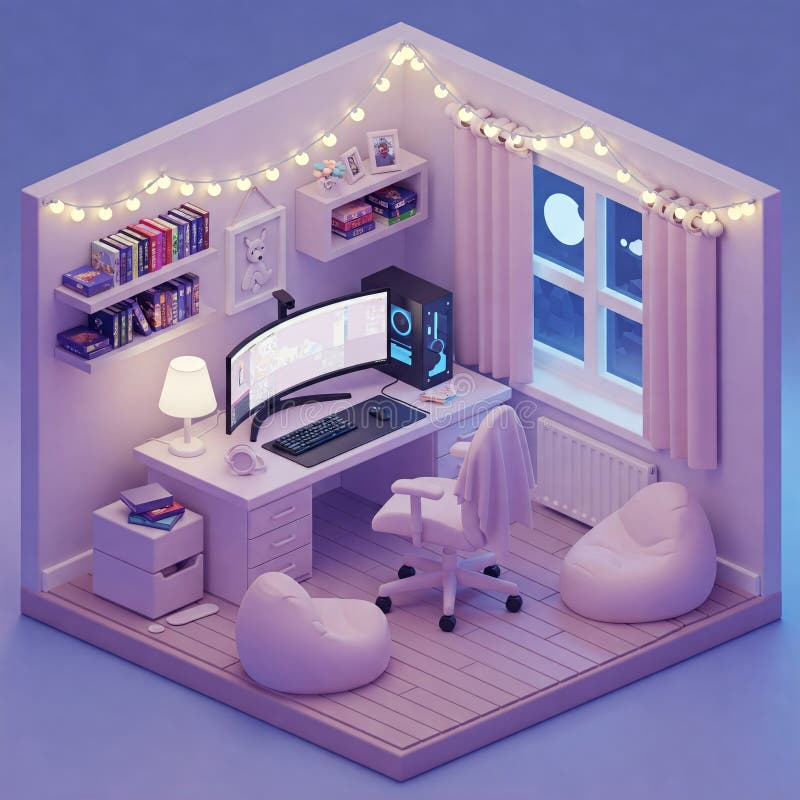 3D Isometric Cozy-spelrum med LED-lampor och Modern Desk-installation vektor illustrationer