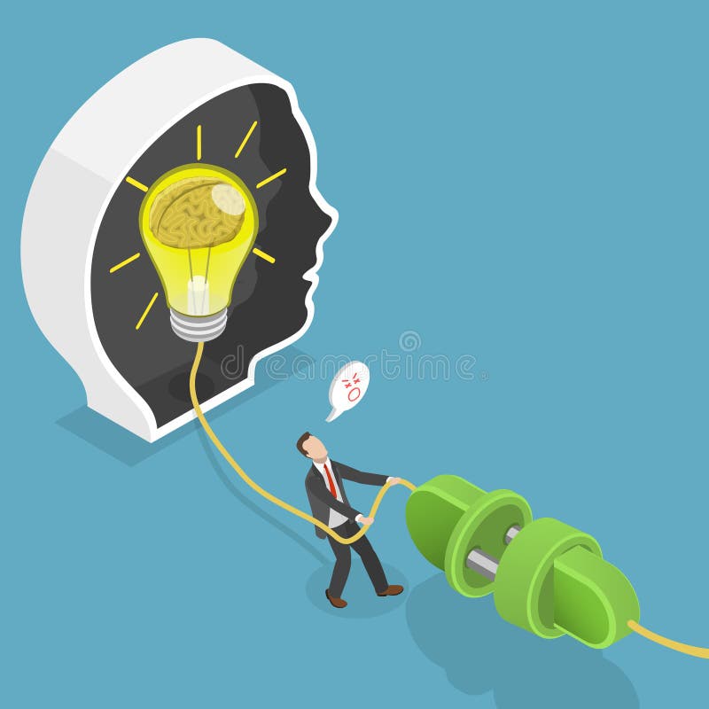 3D Isometric Flat Vector Illustration of Lightbulb Unppluging, Killing Creativity. Brain disconnect vectors