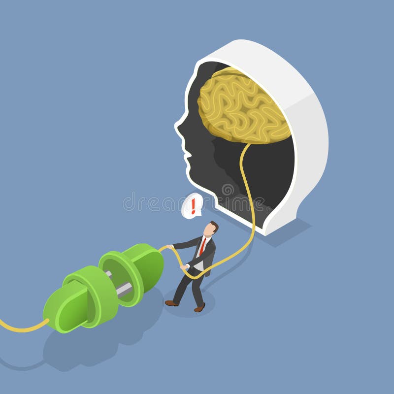 3D Isometric Flat Vector Illustration of Sabotage, Businessman Attempting Break Creativity By Unplugging Brain. Brain disconnect vectors