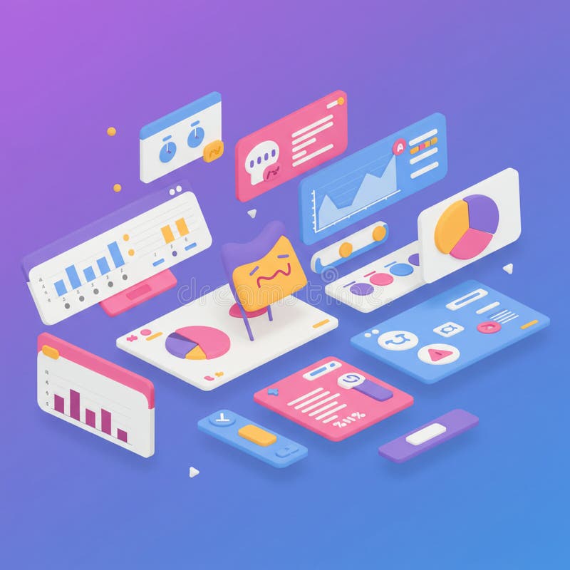 A 3D isometric illustration featuring a variety of user interface elements. These royalty free illustration