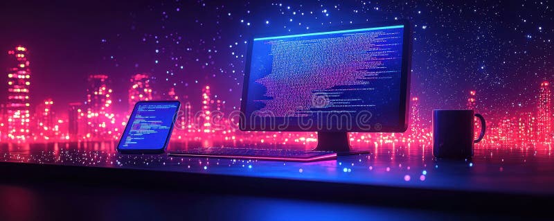 Futuristic digital workspace with code on monitor and tablet display royalty free stock images