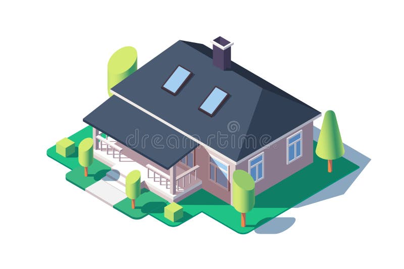 3d isometric large cozy one story house with green tree. stock illustration 3d isometric large cozy one story house with green tree. stock illustration